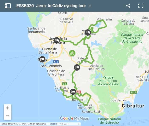 Map cycling route from Jerez to Cádiz
